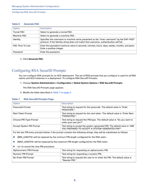 Page 4855   
Managing System Administration Configurations
Configuring RSA SecurID Prompts
2.Click Generate PAC.
Configuring RSA SecurID Prompts
You can configure RSA prompts for an ACS deployment. The set of RSA prompts that you configure is used for all RSA 
realms and ACS instances in a deployment. To configure RSA SecurID Prompts:
1.Choose System Administration > Configuration > Global System Options > RSA SecurID Prompts.
The RSA SecurID Prompts page appears.
2.Modify the fields described in Table 7 on page...