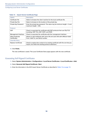 Page 49818
Managing System Administration Configurations
 
Configuring Local Server Certificates
4.Click Finish.
The new certificate is saved. The Local Certificate Store page appears with the new certificate.
Generating Self-Signed Certificates
1.Select System Administration > Configurations > Local Server Certificates > Local Certificates > Add.
2.Select Generate Self Signed Certificate> Next. 
3.Enter the information in the ACS Import Server Certificate as described in Table 16 on page 19:
Table 15 Import...