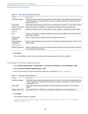 Page 49919   
Managing System Administration Configurations
Configuring Local Server Certificates
4.Click Finish.
The new certificate is saved. The Local Certificate Store page appears with the new certificate.
Generating a Certificate Signing Request
1.Select System Administration > Configurations > Local Server Certificates > Local Certificates > Add.
2.Select Generate Certificate Signing Request > Next. 
3.Enter the information in the ACS Import Server Certificate as described in Table 17 on page 19:
4.Click...