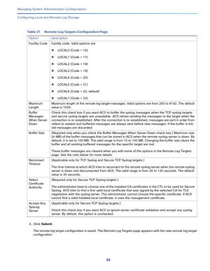 Page 50525   
Managing System Administration Configurations
Configuring Local and Remote Log Storage
4.Click Submit.
The remote log target configuration is saved. The Remote Log Targets page appears with the new remote log target 
configuration. Facility Code Facility code. Valid options are:
LOCAL0 (Code = 16)
LOCAL1 (Code = 17)
LOCAL2 (Code = 18)
LOCAL3 (Code = 19)
LOCAL4 (Code = 20)
LOCAL5 (Code = 21)
LOCAL6 (Code = 22; default)
LOCAL7 (Code = 23)
Maximum 
LengthMaximum length of the remote log target...