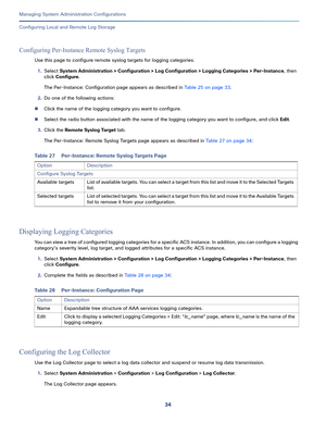 Page 51434
Managing System Administration Configurations
 
Configuring Local and Remote Log Storage
Configuring Per-Instance Remote Syslog Targets 
Use this page to configure remote syslog targets for logging categories.
1.Select System Administration > Configuration > Log Configuration > Logging Categories > Per-Instance, then 
click Configure.
The Per-Instance: Configuration page appears as described in Table 25 on page 33.
2.Do one of the following actions:
Click the name of the logging category you want to...