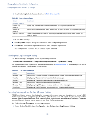 Page 51535   
Managing System Administration Configurations
Configuring Local and Remote Log Storage
2.Complete the Log Collector fields as described in Table 29 on page 35:
3.Do one of the following:
Click Suspend to suspend the log data transmission to the configured log collector.
Click Resume to resume the log data transmission to the configured log collector.
Your configuration is saved and the Log Collector page is refreshed.
Viewing the Log Message Catalog
Use the Log Message Catalog page to view all...