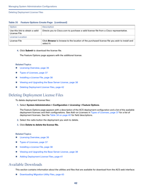 Page 52242
Managing System Administration Configurations
 
Deleting Deployment License Files
4.Click Submit to download the license file.
The Feature Options page appears with the additional license.
Related Topics
Licensing Overview, page 36
Types of Licenses, page 37
Installing a License File, page 38
Viewing and Upgrading the Base Server License, page 38
Deleting Deployment License Files, page 42
Deleting Deployment License Files
To delete deployment license files:
1.Select System Administration >...