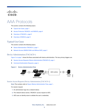 Page 5371
Cisco Systems, Inc.www.cisco.com
 
AAA Protocols
This section contains the following topics:
Typical Use Cases, page 1
Access Protocols—TACACS+ and RADIUS, page 4
Overview of TACACS+, page 5
Overview of RADIUS, page 5
Typical Use Cases
This section contains the following topics:
Device Administration (TACACS+), page 1
Network Access (RADIUS With and Without EAP), page 2
Device Administration (TACACS+)
Figure 3 on page 1 shows the flows associated with device administration. The two primary...