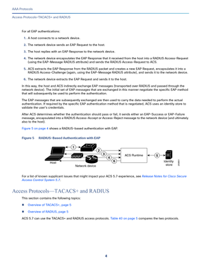 Page 5404
AAA Protocols
 
Access Protocols—TACACS+ and RADIUS
For all EAP authentications:
1.A host connects to a network device.
2.The network device sends an EAP Request to the host.
3.The host replies with an EAP Response to the network device.
4.The network device encapsulates the EAP Response that it received from the host into a RADIUS Access-Request 
(using the EAP-Message RADIUS attribute) and sends the RADIUS Access-Request to ACS.
5.ACS extracts the EAP Response from the RADIUS packet and creates a new...