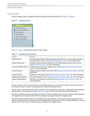 Page 817   
Understanding My Workspace
Using the Web Interface
Navigation Pane
Use the navigation pane to navigate through the drawers of the web interface (see Figure 5 on page 7). 
Figure 5 Navigation Pane
Table 17 on page 7 describes the function of each drawer.
To open a drawer, click it. A list of options for that drawer appears. You can view the contents of only one drawer at a 
time. When you open a drawer, any previously open drawer automatically closes. 
Click an option to view the hierarchy of items...