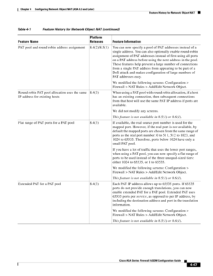 Page 133 
4-47
Cisco ASA Series Firewall ASDM Configuration Guide
 
Chapter 4      Configuring Network Object NAT (ASA 8.3 and Later)
  Feature History for Network Object NAT
PAT pool and round robin address assignment 8.4(2)/8.5(1) You can now specify a pool of PAT addresses instead of a 
single address. You can also optionally enable round-robin 
assignment of PAT addresses instead of first using all ports 
on a PAT address before using the next address in the pool. 
These features help prevent a large number...