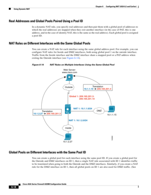 Page 206 
6-18
Cisco ASA Series Firewall ASDM Configuration Guide
 
Chapter 6      Configuring NAT (ASA 8.2 and Earlier)
  Using Dynamic NAT
Real Addresses and Global Pools Paired Using a Pool ID
In a dynamic NAT rule, you specify real addresses and then pair them with a global pool of addresses to 
which the real addresses are mapped when they exit another interface (in the case of PAT, this is one 
address, and in the case of identity NAT, this is the same as the real address). Each global pool is assigned 
a...