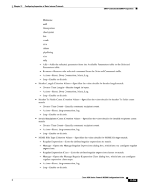 Page 333 
11-59
Cisco ASA Series Firewall ASDM Configuration Guide
 
Chapter 11      Configuring Inspection of Basic Internet Protocols
  SMTP and Extended SMTP Inspection
8bitmime
auth
binarymime
checkpoint
dsn
ecode
etrn
others
pipelining
size
vrfy
–Add—Adds the selected parameter from the Available Parameters table to the Selected 
Parameters table.
–Remove—Removes the selected command from the Selected Commands table.
–Action—Reset, Drop Connection, Mask, Log.
–Log—Enable or disable.
Header Length Criterion...
