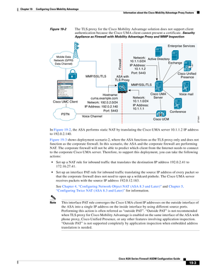 Page 473 
19-3
Cisco ASA Series Firewall ASDM Configuration Guide
 
Chapter 19      Configuring Cisco Mobility Advantage
  Information about the Cisco Mobility Advantage Proxy Feature
Figure 19-2The TLS proxy for the Cisco Mobility Advantage solution does not support client 
authentication because the Cisco UMA client cannot present a certificate. 
Security 
Appliance as Firewall with Mobility Advantage Proxy and MMP Inspection
In Figure 19-2, the ASA performs static NAT by translating the Cisco UMA server...