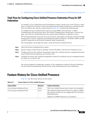 Page 487 
20-9
Cisco ASA Series Firewall ASDM Configuration Guide
 
Chapter 20      Configuring Cisco Unified Presence
  Feature History for Cisco Unified Presence
Task Flow for Configuring Cisco Unified Presence Federation Proxy for SIP Federation, page 20-9
Task Flow for Configuring Cisco Unified Presence Federation Proxy for SIP 
Federation
To configure a Cisco Unified Presence/LCS Federation scenario with the ASA as the TLS proxy where 
there is a single Cisco UP that is in the local domain and self-signed...