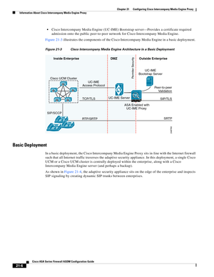 Page 494 
21-6
Cisco ASA Series Firewall ASDM Configuration Guide
 
Chapter 21      Configuring Cisco Intercompany Media Engine Proxy
  Information About Cisco Intercompany Media Engine Proxy
Cisco Intercompany Media Engine (UC-IME) Bootstrap server—Provides a certificate required 
admission onto the public peer-to-peer network for Cisco Intercompany Media Engine. 
Figure 21-3 illustrates the components of the Cisco Intercompany Media Engine in a basic deployment. 
Figure 21-3 Cisco Intercompany Media Engine...