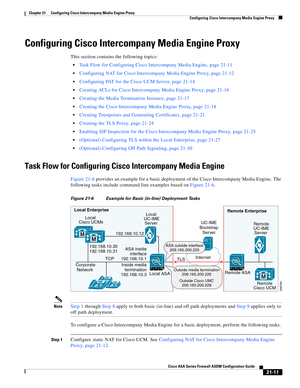 Page 499 
21-11
Cisco ASA Series Firewall ASDM Configuration Guide
 
Chapter 21      Configuring Cisco Intercompany Media Engine Proxy
  Configuring Cisco Intercompany Media Engine Proxy
Configuring Cisco Intercompany Media Engine Proxy
This section contains the following topics:
Task Flow for Configuring Cisco Intercompany Media Engine, page 21-11
Configuring NAT for Cisco Intercompany Media Engine Proxy, page 21-12
Configuring PAT for the Cisco UCM Server, page 21-14
Creating ACLs for Cisco Intercompany Media...