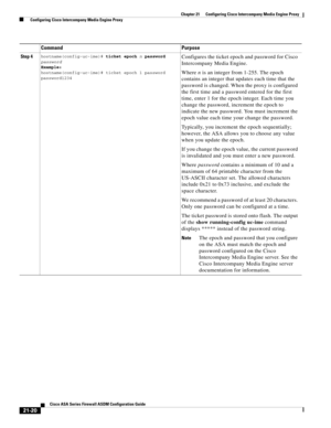 Page 508 
21-20
Cisco ASA Series Firewall ASDM Configuration Guide
 
Chapter 21      Configuring Cisco Intercompany Media Engine Proxy
  Configuring Cisco Intercompany Media Engine Proxy
Step 4hostname(config-uc-ime)# ticket epoch n password 
password
Example:
hostname(config-uc-ime)# ticket epoch 1 password 
password1234Configures the ticket epoch and password for Cisco 
Intercompany Media Engine. 
Where n is an integer from 1-255. The epoch 
contains an integer that updates each time that the 
password is...