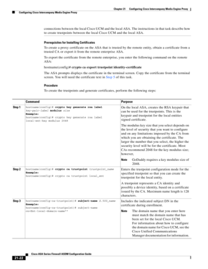 Page 510 
21-22
Cisco ASA Series Firewall ASDM Configuration Guide
 
Chapter 21      Configuring Cisco Intercompany Media Engine Proxy
  Configuring Cisco Intercompany Media Engine Proxy
connections between the local Cisco UCM and the local ASA. The instructions in that task describe how 
to create trustpoints between the local Cisco UCM and the local ASA.
Prerequisites for Installing Certificates
To create a proxy certificate on the ASA that is trusted by the remote entity, obtain a certificate from a 
trusted...