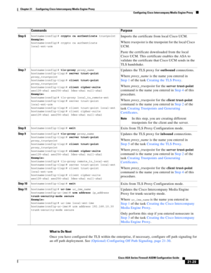 Page 517 
21-29
Cisco ASA Series Firewall ASDM Configuration Guide
 
Chapter 21      Configuring Cisco Intercompany Media Engine Proxy
  Configuring Cisco Intercompany Media Engine Proxy
What to Do Next
Once you have configured the TLS within the enterprise, if necessary, configure off path signaling for 
an off path deployment. See (Optional) Configuring Off Path Signaling, page 21-30. 
Step 6hostname(config)# crypto ca authenticate trustpoint
Example: 
hostname(config)# crypto ca authenticate...