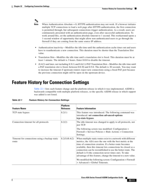 Page 539 
22-11
Cisco ASA Series Firewall ASDM Configuration Guide
 
Chapter 22      Configuring Connection Settings
  Feature History for Connection Settings
NoteWhen Authentication Absolute = 0, HTTPS authentication may not work. If a browser initiates 
multiple TCP connections to load a web page after HTTPS authentication, the first connection 
is permitted through, but subsequent connections trigger authentication. As a result, users are 
continuously presented with an authentication page, even after...