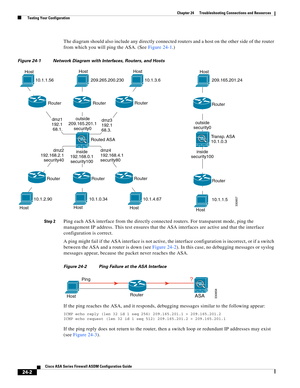 Page 556 
24-2
Cisco ASA Series Firewall ASDM Configuration Guide
 
Chapter 24      Troubleshooting Connections and Resources
  Testing Your Configuration
The diagram should also include any directly connected routers and a host on the other side of the router 
from which you will ping the ASA. (See Figure 24-1.)
Figure 24-1 Network Diagram with Interfaces, Routers, and Hosts
Step 2
Ping each ASA interface from the directly connected routers. For transparent mode, ping the 
management IP address. This test...