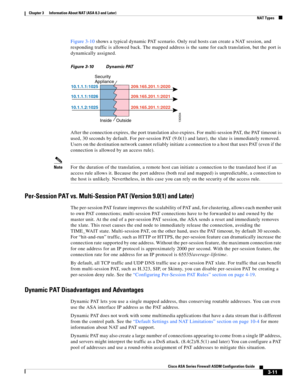 Page 61 
3-11
Cisco ASA Series Firewall ASDM Configuration Guide
 
Chapter 3      Information About NAT (ASA 8.3 and Later)
  NAT Types
Figure 3-10 shows a typical dynamic PAT scenario. Only real hosts can create a NAT session, and 
responding traffic is allowed back. The mapped address is the same for each translation, but the port is 
dynamically assigned.
Figure 3-10 Dynamic PAT
After the connection expires, the port translation also expires. For multi-session PAT, the PAT timeout is 
used, 30 seconds by...