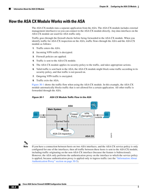 Page 652 
30-2
Cisco ASA Series Firewall ASDM Configuration Guide
 
Chapter 30      Configuring the ASA CX Module
  Information About the ASA CX Module
How the ASA CX Module Works with the ASA
The ASA CX module runs a separate application from the ASA. The ASA CX module includes external 
management interface(s) so you can connect to the ASA CX module directly. Any data interfaces on the 
ASA CX module are used for ASA traffic only.
Traffic goes through the firewall checks before being forwarded to the ASA CX...