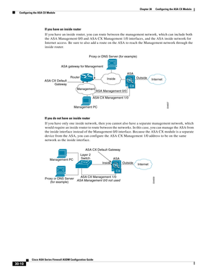 Page 660 
30-10
Cisco ASA Series Firewall ASDM Configuration Guide
 
Chapter 30      Configuring the ASA CX Module
  Configuring the ASA CX Module
If you have an inside router
If you have an inside router, you can route between the management network, which can include both 
the ASA Management 0/0 and ASA CX Management 1/0 interfaces, and the ASA inside network for 
Internet access. Be sure to also add a route on the ASA to reach the Management network through the 
inside router.
If you do not have an inside...