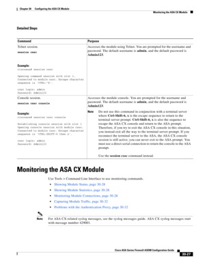 Page 677 
30-27
Cisco ASA Series Firewall ASDM Configuration Guide
 
Chapter 30      Configuring the ASA CX Module
  Monitoring the ASA CX Module
Detailed Steps
Monitoring the ASA CX Module
Use Tools > Command Line Interface to use monitoring commands.
Showing Module Status, page 30-28
Showing Module Statistics, page 30-28
Monitoring Module Connections, page 30-28
Capturing Module Traffic, page 30-32
Problems with the Authentication Proxy, page 30-32
NoteFor ASA CX-related syslog messages, see the syslog...