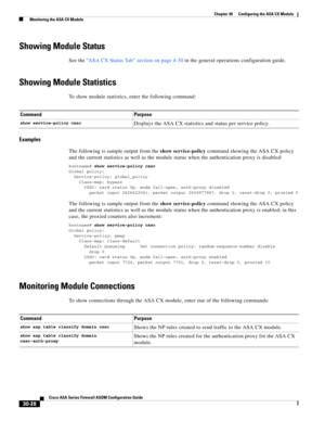 Page 678 
30-28
Cisco ASA Series Firewall ASDM Configuration Guide
 
Chapter 30      Configuring the ASA CX Module
  Monitoring the ASA CX Module
Showing Module Status
See the “ASA CX Status Tab” section on page 4-30 in the general operations configuration guide.
Showing Module Statistics
To show module statistics, enter the following command:
Examples
The following is sample output from the show service-policy command showing the ASA CX policy 
and the current statistics as well as the module status when the...
