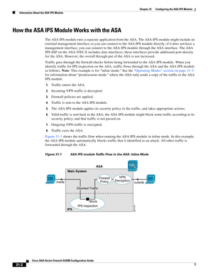 Page 686 
31-2
Cisco ASA Series Firewall ASDM Configuration Guide
 
Chapter 31      Configuring the ASA IPS Module
  Information About the ASA IPS Module
How the ASA IPS Module Works with the ASA
The ASA IPS module runs a separate application from the ASA. The ASA IPS module might include an 
external management interface so you can connect to the ASA IPS module directly; if it does not have a 
management interface, you can connect to the ASA IPS module through the ASA interface. The ASA 
IPS SSP on the ASA...