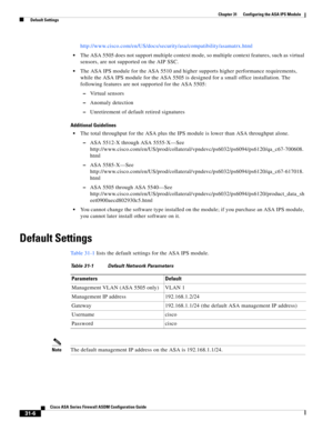 Page 690 
31-6
Cisco ASA Series Firewall ASDM Configuration Guide
 
Chapter 31      Configuring the ASA IPS Module
  Default Settings
http://www.cisco.com/en/US/docs/security/asa/compatibility/asamatrx.html
The ASA 5505 does not support multiple context mode, so multiple context features, such as virtual 
sensors, are not supported on the AIP SSC.
The ASA IPS module for the ASA 5510 and higher supports higher performance requirements, 
while the ASA IPS module for the ASA 5505 is designed for a small office...