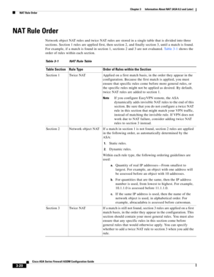 Page 70 
3-20
Cisco ASA Series Firewall ASDM Configuration Guide
 
Chapter 3      Information About NAT (ASA 8.3 and Later)
  NAT Rule Order
NAT Rule Order 
Network object NAT rules and twice NAT rules are stored in a single table that is divided into three 
sections. Section 1 rules are applied first, then section 2, and finally section 3, until a match is found. 
For example, if a match is found in section 1, sections 2 and 3 are not evaluated. Ta b l e 3 - 1 shows the 
order of rules within each section....