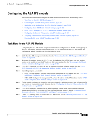 Page 691 
31-7
Cisco ASA Series Firewall ASDM Configuration Guide
 
Chapter 31      Configuring the ASA IPS Module
  Configuring the ASA IPS module
Configuring the ASA IPS module
This section describes how to configure the ASA IPS module and includes the following topics:
Task Flow for the ASA IPS Module, page 31-7
Connecting the ASA IPS Management Interface, page 31-8
Sessioning to the Module from the ASA (May Be Required), page 31-11
Configuring Basic IPS Module Network Settings, page 31-12
(ASA 5512-X through...