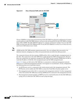 Page 712 
32-2
Cisco ASA Series Firewall ASDM Configuration Guide
 
Chapter 32      Configuring the ASA CSC Module
  Information About the CSC SSM
Figure 32-1 Flow of Scanned Traffic with the CSC SSM
You use ASDM for system setup and monitoring of the CSC SSM. For advanced configuration of content 
security policies in the CSC SSM software, you access the web-based GUI for the CSC SSM by clicking 
links within ASDM. The CSC SSM GUI appears in a separate web browser window. To access the CSC 
SSM, you must enter...