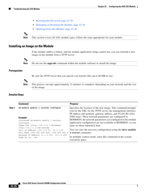 Page 738 
32-28
Cisco ASA Series Firewall ASDM Configuration Guide
 
Chapter 32      Configuring the ASA CSC Module
  Troubleshooting the CSC Module
Resetting the Password, page 32-29
Reloading or Resetting the Module, page 32-30
Shutting Down the Module, page 32-30
NoteThis section covers all ASA module types; follow the steps appropriate for your module.
Installing an Image on the Module
If the module suffers a failure, and the module application image cannot run, you can reinstall a new 
image on the module...