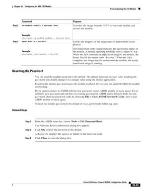 Page 739 
32-29
Cisco ASA Series Firewall ASDM Configuration Guide
 
Chapter 32      Configuring the ASA CSC Module
  Troubleshooting the CSC Module
Resetting the Password
You can reset the module password to the default. The default password is cisco. After resetting the 
password, you should change it to a unique value using the module application.
Resetting the module password causes the module to reboot. Services are not available while the module 
is rebooting.
If you cannot connect to ASDM with the new...