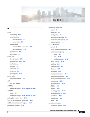 Page 743IN-1
Cisco ASA Series Firewall ASDM Configuration Guide
 
 
INDEX
A
AAA
accounting
8-17
authentication
network access
8-2
proxy limit8-11
authorization
downloadable access lists
8-13
network access8-12
performance8-1
web clients8-8
access lists
downloadable
8-14
global access rules7-2
implicit deny7-3
inbound7-3
outbound7-3
overview7-1
phone proxy17-7
access rules
turn off expansion
7-12
AIP
See  IPS module
AIP SSC
loading an image
30-26, 31-20, 31-22, 32-28
AIP SSM
about
31-1
loading an image30-26,...