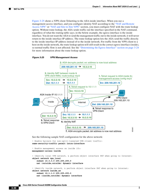 Page 80 
3-30
Cisco ASA Series Firewall ASDM Configuration Guide
 
Chapter 3      Information About NAT (ASA 8.3 and Later)
  NAT for VPN
Figure 3-25 shows a VPN client Telnetting to the ASA inside interface. When you use a 
management-access interface, and you configure identity NAT according to the “NAT and Remote 
Access VPN” or “NAT and Site-to-Site VPN” section, you must configure NAT with the route lookup 
option. Without route lookup, the ASA sends traffic out the interface specified in the NAT command,...