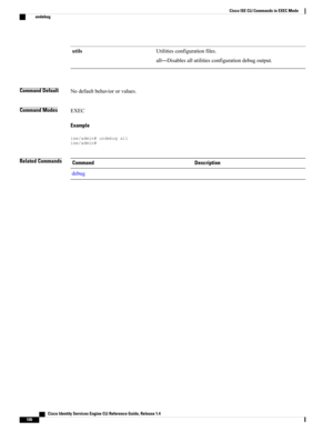 Page 108Utilitiesconfigurationfiles.
all—Disablesallutilitiesconfigurationdebugoutput.
utils
Command DefaultNodefaultbehaviororvalues.
Command ModesEXEC
Example
ise/admin#undebugallise/admin#
Related CommandsDescriptionCommand
debug
   Cisco Identity Services Engine CLI Reference Guide, Release 1.4
100
Cisco ISE CLI Commands in EXEC Mode
undebug 