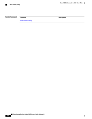 Page 146Related CommandsDescriptionCommand
showstartup-config
   Cisco Identity Services Engine CLI Reference Guide, Release 1.4
138
Cisco ISE CLI Commands in EXEC Show Mode
show running-config 