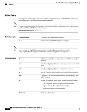 Page 182interface
Toconfigureaninterfacetypeandentertheinterfaceconfigurationmode,usetheinterfacecommandin
configurationmode.Thiscommanddoesnothaveanoform.
VMwarevirtualmachinemayhaveanumberofinterfacesavailablethatdependsonhowmanynetwork
interfaces(NIC)areaddedtothevirtualmachine.
interfaceGigabitEthernet{0|1|2|3}
Note
Syntax DescriptionConfigurestheGigabitEthernetinterface.GigabitEthernet
NumberoftheGigabitEthernetporttoconfigure.0-3
AfteryouentertheGigabitEthernetportnumberintheinterfacecommand,youenterthe...