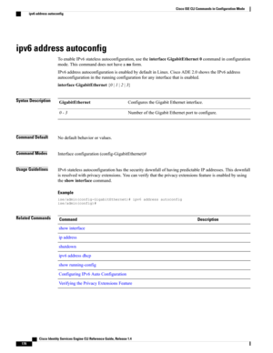 Page 184ipv6 address autoconfig
ToenableIPv6statelessautoconfiguration,usetheinterfaceGigabitEthernet0commandinconfiguration
mode.Thiscommanddoesnothaveanoform.
IPv6addressautoconfigurationisenabledbydefaultinLinux.CiscoADE2.0showstheIPv6address
autoconfigurationintherunningconfigurationforanyinterfacethatisenabled.
interfaceGigabitEthernet{0|1|2|3}
Syntax DescriptionConfigurestheGigabitEthernetinterface.GigabitEthernet
NumberoftheGigabitEthernetporttoconfigure.0-3
Command DefaultNodefaultbehaviororvalues....