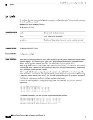 Page 198ip route
Toconfigurethestaticroutes,usetheiproutecommandinconfigurationmode.Toremovestaticroutes,use
thenoformofthiscommand.
iprouteprefixmaskgatewayip-address
noiprouteprefixmask
Syntax DescriptionIProuteprefixforthedestination.prefix
Prefixmaskforthedestination.mask
IPaddressofthenexthopthatcanbeusedtoreachthatnetwork.ip-address
Command DefaultNodefaultbehaviororvalues.
Command ModesConfiguration(config)#
Usage...