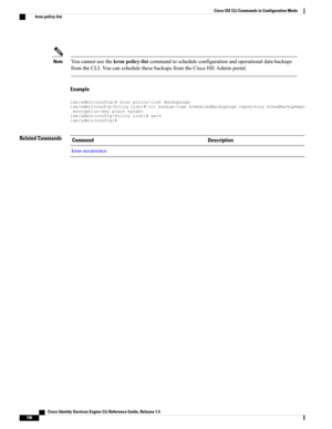 Page 204Youcannotusethekronpolicy-listcommandtoscheduleconfigurationandoperationaldatabackups
fromtheCLI.YoucanschedulethesebackupsfromtheCiscoISEAdminportal.
Note
Example
ise/admin(config)#kronpolicy-listBackupLogsise/admin(config-PolicyList)#clibackup-logsScheduledBackupLogsrepositorySchedBackupRepoencryption-keyplainxyzabcise/admin(config-PolicyList)#exitise/admin(config)#
Related CommandsDescriptionCommand
kronoccurrence
   Cisco Identity Services Engine CLI Reference Guide, Release 1.4
196
Cisco ISE CLI...