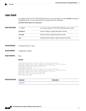 Page 218rate-limit
ToconfigurethelimitofTCP/UDP/ICMPpacketsfromasourceIPaddress,usetherate-limitcommandin
configurationmode.Toremovethisfunction,usethenoformofthiscommand.
rate-limit250ip-addressnet-maskport
Syntax DescriptionAnaveragenumberofTCP/UDP/ICMPpacketspersecond.
SourceIPaddresstoapplythepacketratelimit.ip-address
SourceIPmasktoapplythepacketratelimit.net-mask
Destinationportnumbertoapplythepacketratelimit.port
Command DefaultNodefaultbehaviororvalues.
Command ModesConfiguration(config)#
Usage...