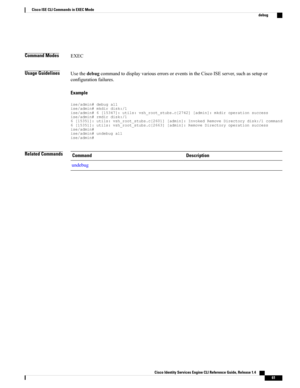 Page 69Command ModesEXEC
Usage GuidelinesUsethedebugcommandtodisplayvariouserrorsoreventsintheCiscoISEserver,suchassetupor
configurationfailures.
Example
ise/admin#debugallise/admin#mkdirdisk:/1ise/admin#6[15347]:utils:vsh_root_stubs.c[2742][admin]:mkdiroperationsuccessise/admin#rmdirdisk:/16[15351]:utils:vsh_root_stubs.c[2601][admin]:InvokedRemoveDirectorydisk:/1command6[15351]:utils:vsh_root_stubs.c[2663][admin]:RemoveDirectoryoperationsuccessise/admin#ise/admin#undebugallise/admin#
Related...