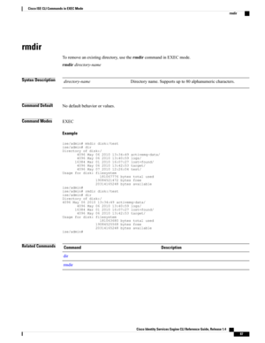 Page 95rmdir
Toremoveanexistingdirectory,usethermdircommandinEXECmode.
rmdirdirectory-name
Syntax DescriptionDirectoryname.Supportsupto80alphanumericcharacters.directory-name
Command DefaultNodefaultbehaviororvalues.
Command ModesEXEC
Example...