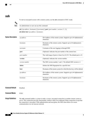 Page 96ssh
Tostartanencryptedsessionwitharemotesystem,usethesshcommandinEXECmode.
AnadministratororusercanusethiscommandNote
ssh[{ip-address|hostname}][username][port{portnumber|version{1|2}]
sshdeletehost{ip-address|hostname}
Syntax DescriptionIPv4addressoftheremotesystem.Supportsupto64alphanumeric
characters.
ip-address
Hostnameoftheremotesystem.Supportsupto64alphanumeric
characters.
hostname
UsernameoftheuserlogginginthroughSSH.username
(Optional).Indicatestheportnumberoftheremotehost.port...