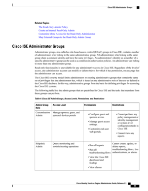 Page 145Related Topics
TheRead-OnlyAdminPolicy
CreateanInternalRead-OnlyAdmin
CustomizeMenuAccessfortheRead-OnlyAdministrator
MapExternalGroupstotheRead-OnlyAdminGroup
Cisco ISE Administrator Groups
Administratorgroups,alsocalledasrole-basedaccesscontrol(RBAC)groupsinCiscoISE,containanumber
ofadministratorswhobelongtothesameadministrativegroup.Alladministratorswhobelongtothesame
groupshareacommonidentityandhavethesameprivileges.Anadministrator’sidentityasamemberofa...