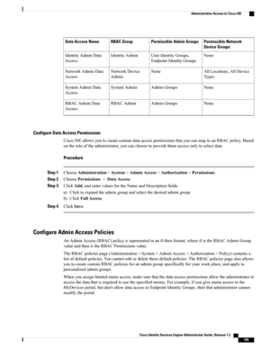 Page 155Permissible Network
Device Groups
Permissible Admin GroupsRBAC GroupData Access Name
NoneUserIdentityGroups,
EndpointIdentityGroups
IdentityAdminIdentityAdminData
Access
AllLocations,AllDevice
Types
NoneNetworkDevice
Admin
NetworkAdminData
Access
NoneAdminGroupsSystemAdminSystemAdminData
Access
NoneAdminGroupsRBACAdminRBACAdminData
Access
Configure Data Access Permissions
CiscoISEallowsyoutocreatecustomdataaccesspermissionsthatyoucanmaptoanRBACpolicy.Based...