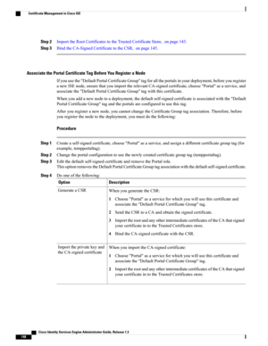 Page 194Step 2ImporttheRootCertificatestotheTrustedCertificateStore,onpage143.
Step 3BindtheCA-SignedCertificatetotheCSR,onpage145.
Associate the Portal Certificate Tag Before You Register a Node
Ifyouusethe"DefaultPortalCertificateGroup"tagforalltheportalsinyourdeployment,beforeyouregister
anewISEnode,ensurethatyouimporttherelevantCA-signedcertificate,choose"Portal"asaservice,and
associatethe"DefaultPortalCertificateGroup"tagwiththiscertificate....