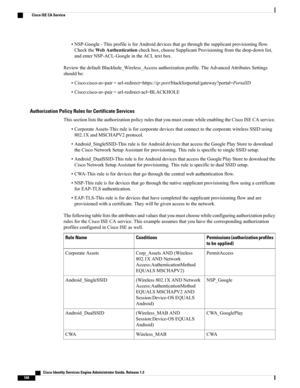 Page 214•NSP-Google-ThisprofileisforAndroiddevicesthatgothroughthesupplicantprovisioningflow.
ChecktheWebAuthenticationcheckbox,chooseSupplicantProvisioningfromthedrop-downlist,
andenterNSP-ACL-GoogleintheACLtextbox.
ReviewthedefaultBlackhole_Wireless_Accessauthorizationprofile.TheAdvancedAttributesSettings
shouldbe:
•Cisco:cisco-av-pair=url-redirect=https://ip:port/blacklistportal/gateway?portal=PortalID
•Cisco:cisco-av-pair=url-redirect-acl=BLACKHOLE
Authorization Policy Rules for Certificate Services...